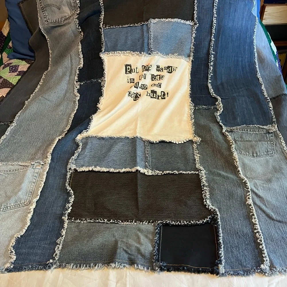 Beautiful handmade denim quilt -Halloween-put the candy in the bag and no one